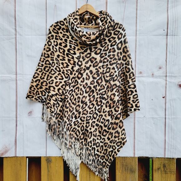 Chico's Sweaters - Chico's Cozy Animal Print Fringe Cowlneck Poncho One Size